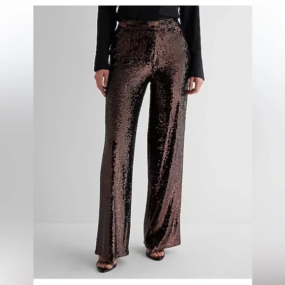 Express High Waisted Sequin Wide Leg Pant bronze women’s NEW 0 short - Picture 1 of 7